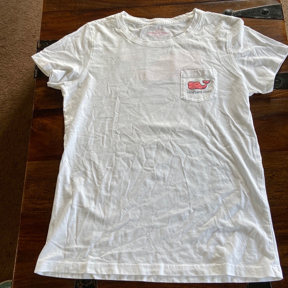 Vineyard Vines White Short Sleeve Tee with Pink Whale Pocket Logo